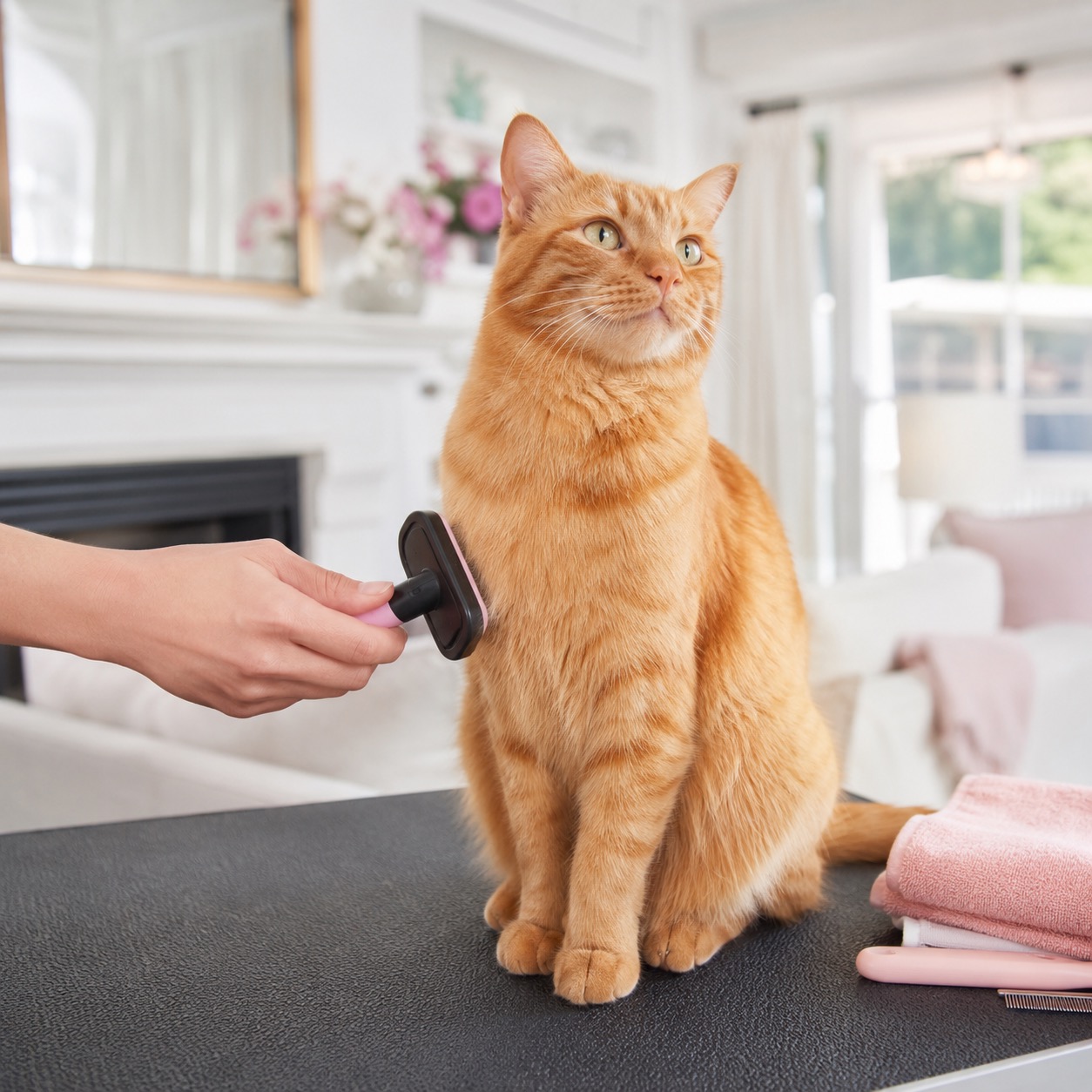 An orange tabby cat sitting calmly on a grooming table by the fireplace while Danielle brings a soft brush to its coat